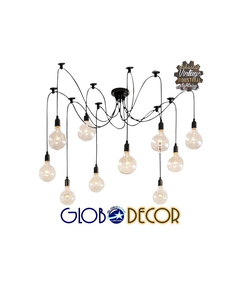 GLOBOSTAR® WIRED 01173 Vintage Κρεμαστό Φωτιστικό Οροφής με Ντουί 10 x E27 AC 220-240V IP20 - Μαύρο - Μ200 x Π200 x Υ100cm